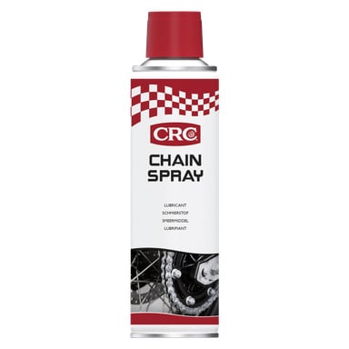 En röd och vit burk CRC Chain Oil med en etikett som visade olika texter och en detaljerad närbild av en cykelkedja och kugghjul nära botten.