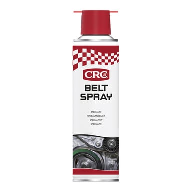 En burk CRC Belt Spray med röd lock, rutmönster och text på etiketten. I botten av burken finns en illustration som visar mekaniska remmar och remskivor.