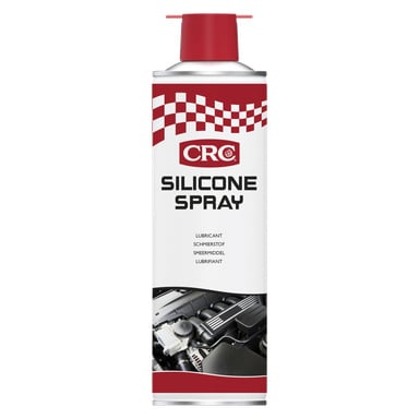 En burk CRC Silicone Spray med ett rött och vitt rutigt mönster, produktnamnet "Silicone spray" i fet svart text och en bild på en motor nära basen; Etiketten innehåller också ordet "smörjmedel" flera gånger.