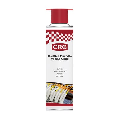 Aerosolburk med CRC Cleaning Electronics med ett rött lock, en vit etikett med ett rött rutmönster och text, samt en bild längst ner som visar elektroniska kontakter som rengörs.