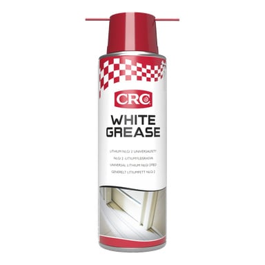 En burk CRC Lithium Grease White Grease +PTFE-spray, med ett rött lock och ett rutigt mönster på designen. Frametiketten visar en illustration av en dörrspår som smörjs och innehåller detaljerad produktinformation.