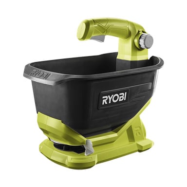 En Ryobi One+ batteridriven spridare (OSS1800) med en svart behållare, livfull grön bas och handtag, en grå ratt för justeringar och Ryobi-loggan visad på sidan.