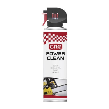En burk CRC Power Clean rengöringsmedel med svart och rött munstycke, ett rött och vitt schackrutt mönster och en bild på en motorsåg nära botten. Etiketten innehåller text som beskriver produkten som ett rengöringsmedel.