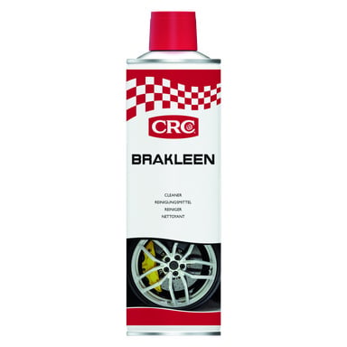 Puszka CRC Degreaser Bräkleen z czerwonym nakrążkiem, szachownicowym wzorem i nazwą produktu na etykiecie. Dolna część etykiety przedstawia obraz koła samochodowego z żółtym zaciskiem hamulcowym.