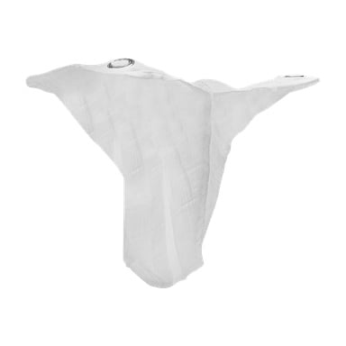 Ett vitt Menuett-siltyg med två metallringar i motsatta hörn, draperat så att det ser ut som om det svävar eller hänger.