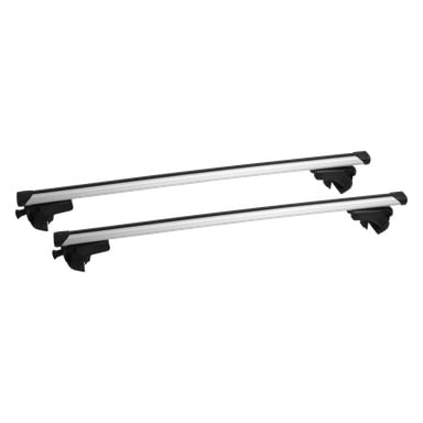 Ett par silverfärgade Hamron Load Carrier-takstänger med svarta fästen i varje ände är placerade parallellt med varandra.