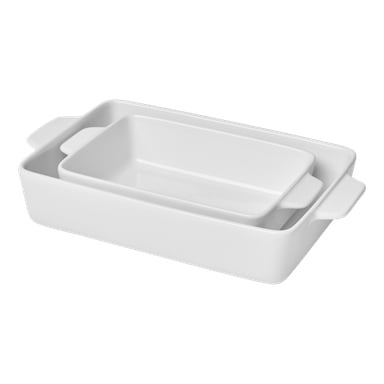 Menuett Ovenware 2-pack innehåller två rektangulära vita keramiska bakformar i olika storlekar, där den mindre formen är inbäddad i den större.