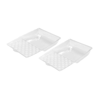 Zwei Packungen mit Anza-Tablett-Einlagen sind nebeneinander gezeigt. Jedes transparente Kunststofftablett hat eine strukturierte Fläche zum Rollen der Farbe und ein tieferes Fach zum Aufbewahren. Die Tabletts wirken ungenutzt und makellos.