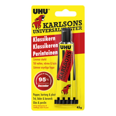 Ett rör av Karlson's lim från UHU i en gul och röd blåspåse. Förpackningen framhäver dess starka bindningsstyrka för material som papper, kartong, plast, trä och keramik.