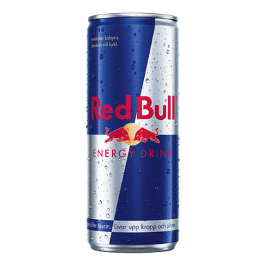 En hög, blå och silverfärgad burk med Red Bull med vattendroppar på ytan och den ikoniska logotypen, tillsammans med text.