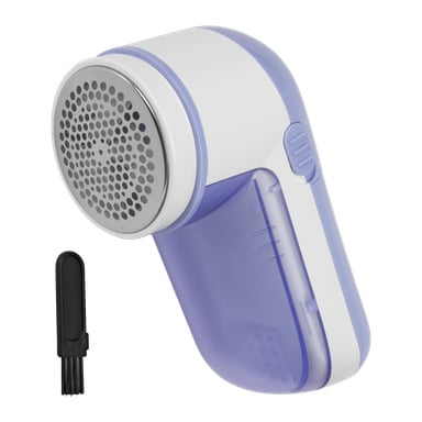 En vit och ljuslila Menuett Fabric Shaver visas med ett metallrakhuvud och en klar luddbehållare. Bredvid apparaten ligger en liten svart rengöringsborste.