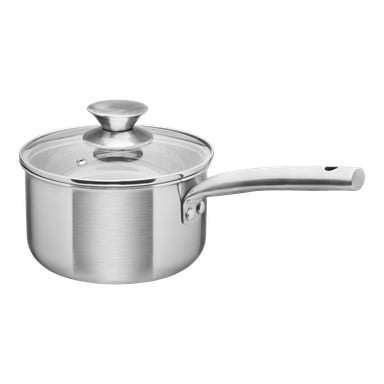 Menuett-kjelen er laget av rustfritt stål og har et langt håndtak samt et gjennomsiktig glasslokk med en metallknapp på toppen. Kjelen er tom.