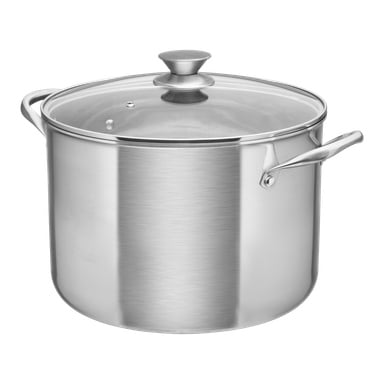 Menuett Pot er et romslig kjøkkenutstyr i rustfritt stål med to sidehåndtak og et glasslokk toppet med en metallknapp.