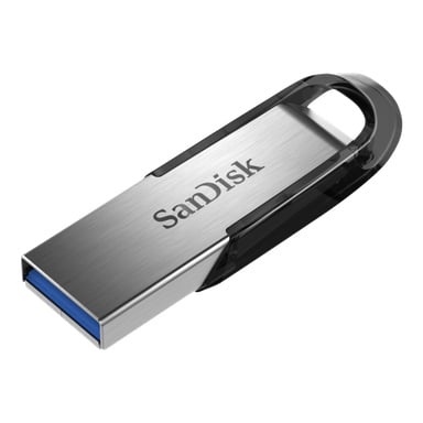 Ett SanDisk Ultra Flair USB-minne visas vinklat, vilket framhäver dess borstade metallkropp, svarta plastfästslinga och blå USB 3.0-kontakt. Ovansidan av enheten bär SanDisk-logotypen.