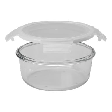 En Menuett Food-låda med en rund glasbehållare och ett genomskinligt plastlock säkrat med låsflikar på varje sida är avbildad öppen och tom.
