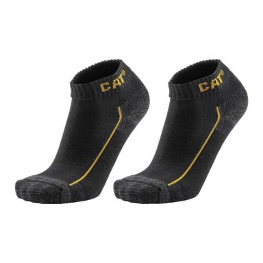 Ett par svarta Caterpillar-fotstrumpor, markerade av gul CAT-märkning på mudden och en gul rand längs sidan. Strumporna har förstärkta tår och hälar för att öka hållbarheten.