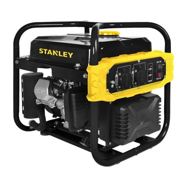 Musta-keltainen Stanley Generator SIG 2000-1, jossa on tukeva metallirunko, ohjauspaneeli ja paljas pakoputki, esitettynä kulmasta.