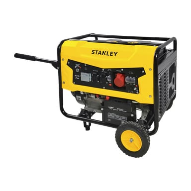 Żółto-Stanley Generator SG 4200 wyposażony jest w koła, uchwyt transportowy oraz panel sterowania z różnymi przełącznikami, gniazdkami i kontrolkami. Logo Stanleya jest wyraźnie widoczne z przodu.