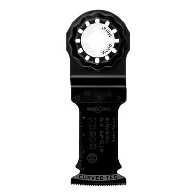 En svart Bosch Pro Saw AIZ32APB Starlock oscillerande multiverktygsblad med mätmarkeringar, en böjd skäregg och orden "Wood+Metal", "Swiss Made" och "Curved-Tec" tryckta på den.