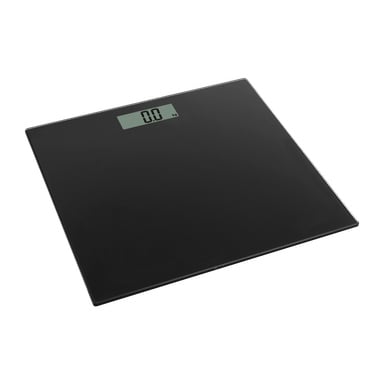 En slank svart Marquant Digital baderomsvekt med flat overflate og rektangulær skjerm som viser 0,0 kg, fotografert fra en svak vinkel.