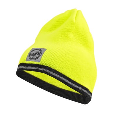 Eine leuchtend gelbe Bluewear-Strickmütze mit einem schwarz-grauen Streifen am Rand und einem Bluewear-Logo-Aufnäher auf der Vorderseite.