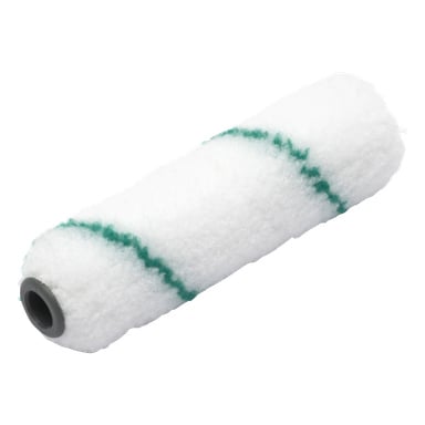 Jordan Mini-roller Perfect er en hvit malingsrullerefill med en grønn diagonal stripe og en svart plastkjerne.