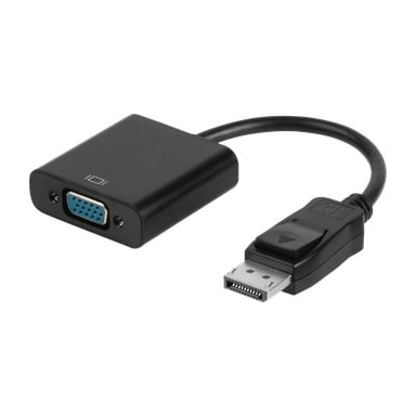 adapter Nedis DisplayPort na VGA z krótkim kablem, z jednej strony pokazującym męskie gniazdo DisplayPort, a z drugiej żeńskie złącze VGA. Umożliwia połączenie z urządzenia DisplayPort do monitora VGA.