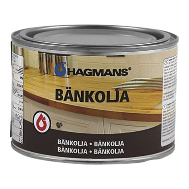 En rund metallboks med Hagmans Bench oil Classic med et bilde av en trebenkeplate.