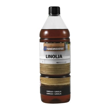 Plastflaske med Hagmans kokt linolje fylt med ravfarget olje, merket med LINOLJA og et bilde av en treoverflate.