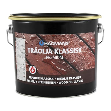 En svart metallburk med färg märkt Hagmans Wood oil Classic Premium, med en bild av våta träbrädor.
