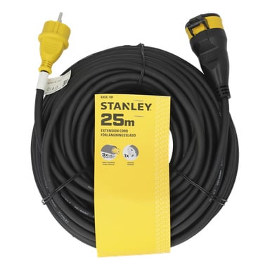 En 25 meter lang svart coiled Stanley skjøteledning med gul plugg og stikkontakt; Etiketten viser produktdetaljer og merkevare.