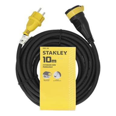 przedłużacz Stanley z żółtymi i czarnymi wtyczkami, pokazany na żółtym opakowaniu z napisem "Stanley Extension Cord" z ikonami.