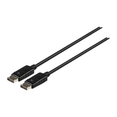 Zwei Nedis DisplayPort-Kabel sind nebeneinander angelegt, jeweils mit rechteckigen Steckern mit Verriegelungsmechanismen und an langen, dünnen schwarzen Kabeln befestigt.