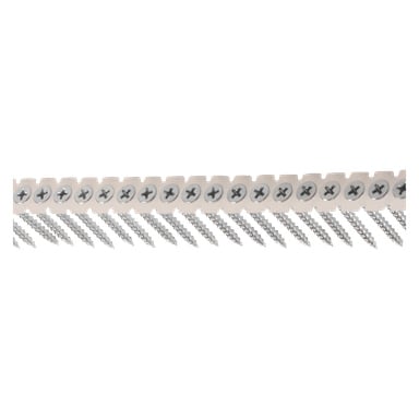 En rad Heco Collated Drywall Screws (1000 pack) är organiserade i en exakt linje, varje skruv fast fäst vid en beige plastremsa, vilket gör dem redo att användas med en automatisk skruvpistol.