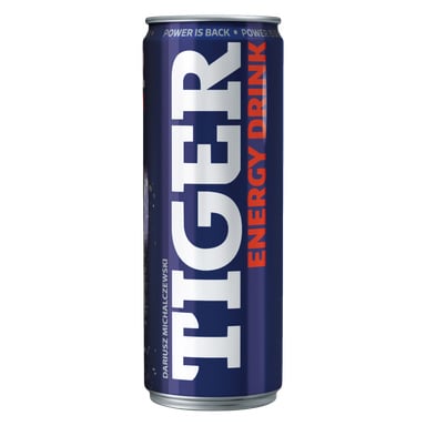 Wysoka niebieska puszka napoju energetycznego ma wyraźne białe litery TIGER, pomarańczowy napis ENERGY DRINK oraz napis "Power is back" przy górnej krawędzi. Nazwisko Dariusz Michalczewski biegnie pionowo wzdłuż dolnej części.