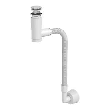 Prevex vattenvattenvattenfilter EasyClean består av en vit plastdräneringsenhet med en flexibel slang, en kromad avloppspropp på toppen och ett rörutlopp designat för väggmontering längst ner.