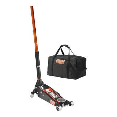 Ein schwarz-oranger Bahco Garage Jack BH1A1500 mit verlängertem Griff steht neben einer passenden schwarzen Tragetasche, beide mit dem Bahco-Logo gekennzeichnet.