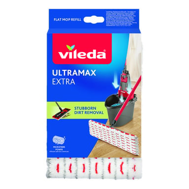 Förpackningen visar ett mopphuvud och en hink, främjar mikrofiberstyrka för tålig jord, med blått och rött som huvudfärger.