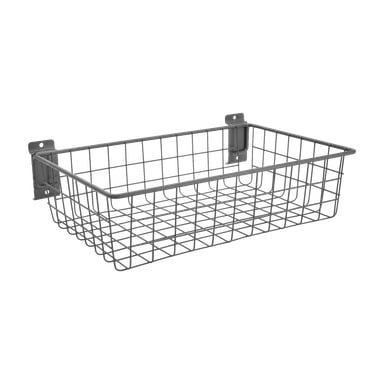 En rektangulær metallkurv med minimalistisk, industrielt design og to monteringsbraketter på venstre side for vegginstallasjon. Kurvens indre er tomt, noe som understreker dens funksjon som et organisatorisk tilbehør.