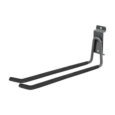 Ett grått metallrack för Hard Head väggmonterat rack designat för snowboard eller skateboard, med två förlängda, gummibelagda parallella armar och en monteringsplatta med två skruvhål. Idealiskt för att förvara brädor prydligt förvarade och organiserade i garage eller förvaringsutrymmen.
