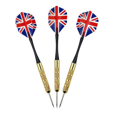 Tre Kayoba-pilar från trepacket står upprätt och visar guldfärgade grepp och flygningar med Union Jack-flaggmönster.