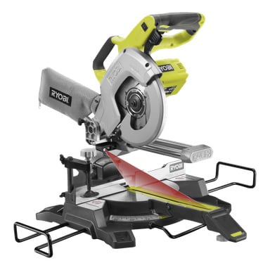 Eine batteriebetriebene Gehrungssäge R18MS216-0 von Ryobi One+ verfügt über einen Staubsack, einen verstellbaren Anschlag, eine Gehrungsmesse und einen Klingenschutz. Rote und gelbe Pfeile heben den Schneidpfad und die Winkel hervor.