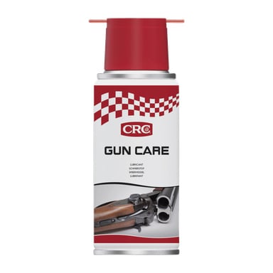 En burk CRC Weapon Oil med röd lock, med CRC-märkets vita och röda rutiga etikett och en bild av ett dubbelpipigt hagelgevär på framsidan; Etiketten innehåller olika produktinformation.
