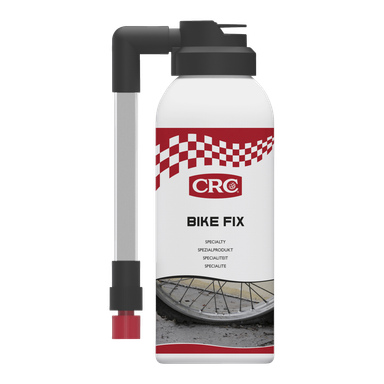 En CRC Bike sprayburk för punkteringsreparation med en röd och vit rutig etikett, en svart sidomonterad dispenser och en cykelhjulsgrafik nära basen.