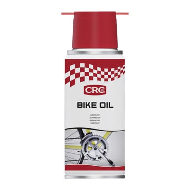 En burk CRC Cycle Oil med ett rött och vitt rutmönster, CRC-loggan och en detaljerad bild som visar cykelutrustning och kedja. Etiketten lyder Cykelolja och smörjmedel.