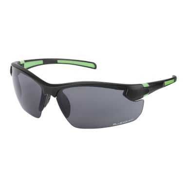 Bluewear Achillo-skyddsglasögon med grå linser, limegröna kantdetaljer och BLUEWEAR tryckt på linsen.