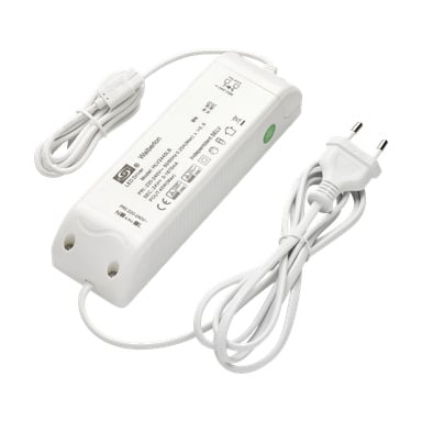 Anslut-transformator: En hvit LED-driverstrømforsyning utstyrt med en europeisk plugg og en integrert kabel. Overflaten på enheten viser tekniske spesifikasjoner og sikkerhetsmerkinger, mens både inngangs- og utgangsledninger er synlig rullet pent ved siden av enheten.