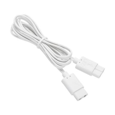 En prydligt spiralad vit Anslut Connection-kabel hålls med en vridband, med två honkontakter i ena änden och en enda hankontakt i motsatt ände.