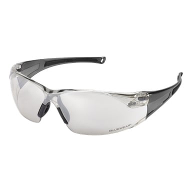 Bluewear Cortina skyddsglasögon med mörka tinnar och BLUEWEAR tryckt på nedre högra linsen.