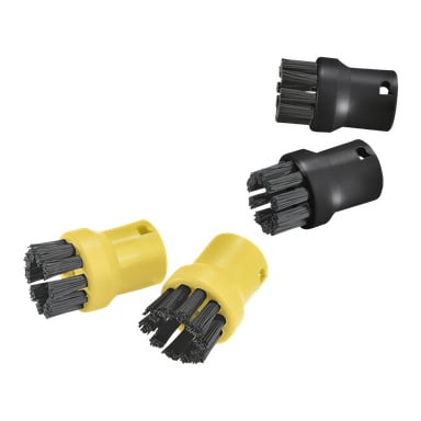 Kärcher Brush-setet innehåller fyra cylindriska rengöringstillbehör, arrangerade diagonalt, var och en med täta och styva borst – två är gula och två svarta.